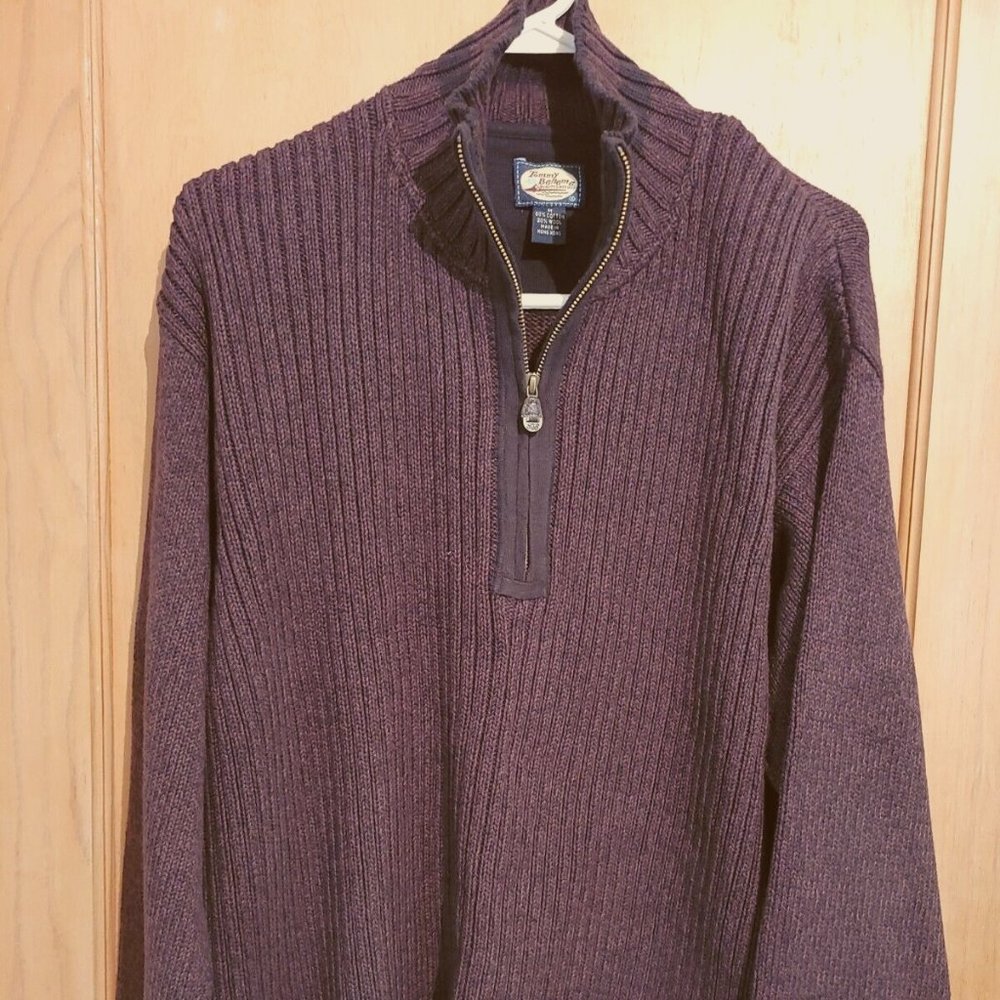 Tommy Bahamas Men M 1/4 Zip Pullover Sweater Brown Black Wool Cotton Long Sleeve
